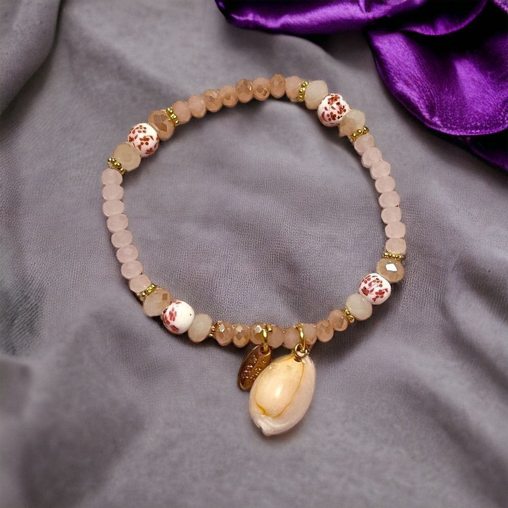 Handmade Pink Crystal Shell Beaded Stretch Bracelet